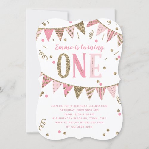 Pink and Gold Glitter Banner 1st Birthday Party Invitation