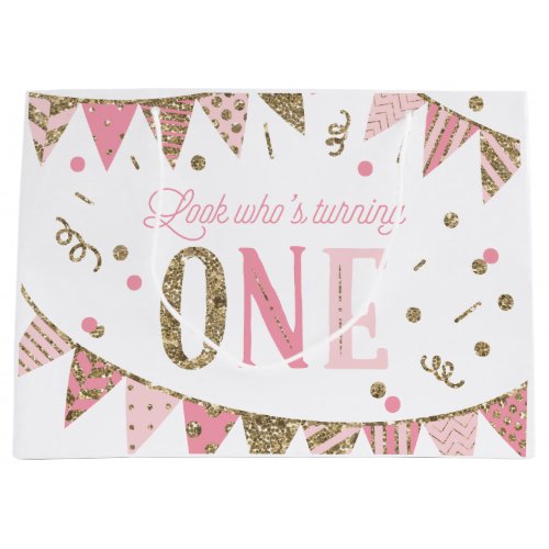 Pink and Gold Glitter Banner First Birthday Large Gift Bag