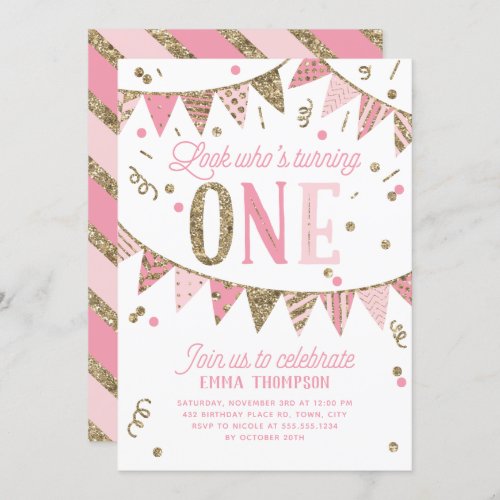 Pink and Gold Glitter Banner FIRST Birthday Party Invitation