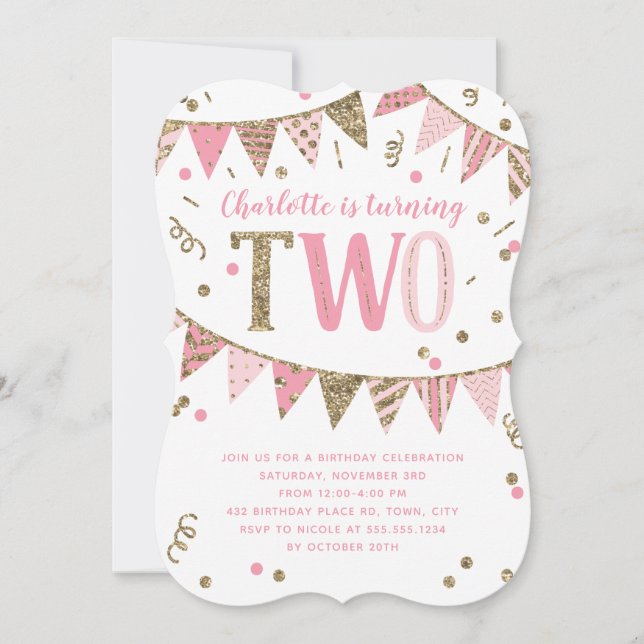 Pink and Gold Glitter Banner Second Birthday Party Invitation (Front)