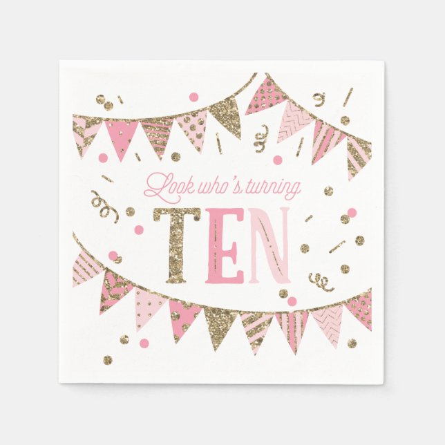 Pink and Gold Glitter Banners 10th Birthday Party Napkins (Front)