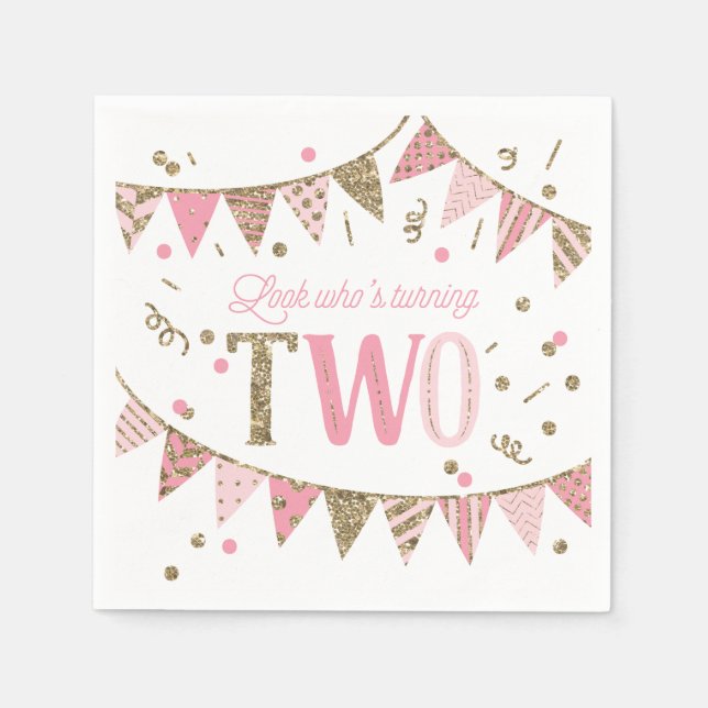 Pink and Gold Glitter Banners 2nd Birthday Napkins (Front)