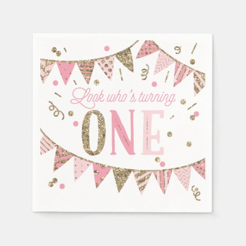 Pink and Gold Glitter Banners First Birthday Napkins
