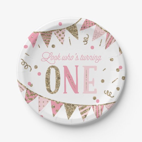 Pink and Gold Glitter Banners First Birthday Paper Plates