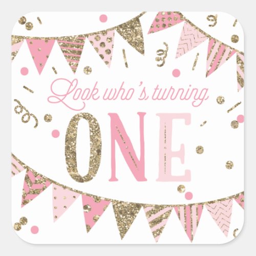 Pink and Gold Glitter Banners First Birthday Square Sticker