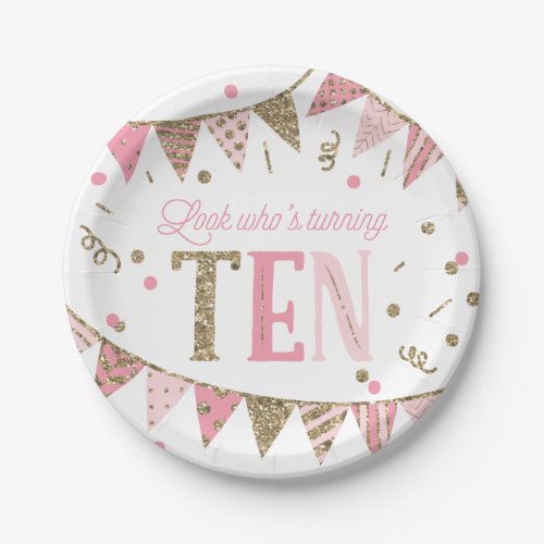 Pink and Gold Glitter Banners Tenth Birthday Paper Plates