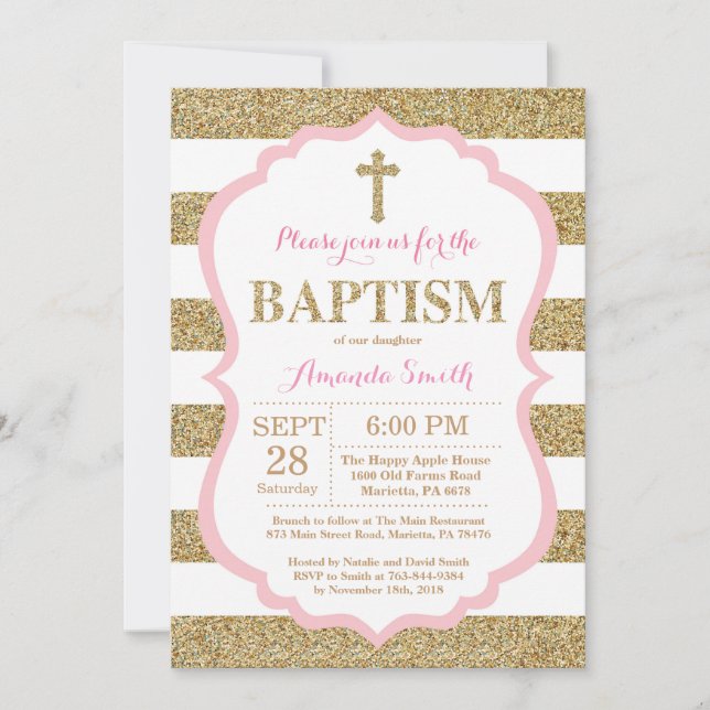 Pink and Gold Glitter Baptism Invitation (Front)