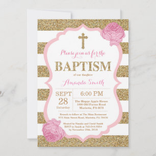 Pink and Gold Glitter Baptism Invitation