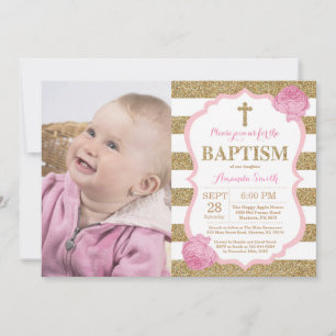 Pink and Gold Glitter Baptism Invitation