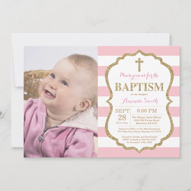 Pink and Gold Glitter Baptism Invitation (Front)