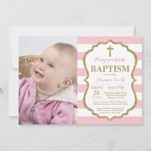 Pink and Gold Glitter Baptism Invitation