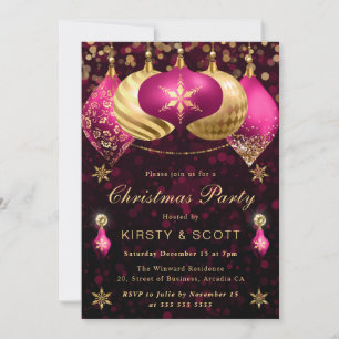 Pink and Gold Glitter Baubles Christmas Party Invitation