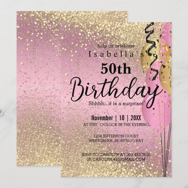 Pink and Gold Glitter Birthday Invitation (Front/Back)