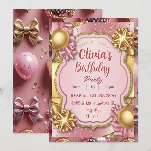 Pink and Gold Glitter Birthday Invite (Front/Back)