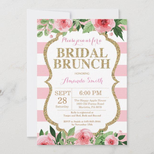 Pink and Gold Glitter Bridal Brunch Invitation (Front)