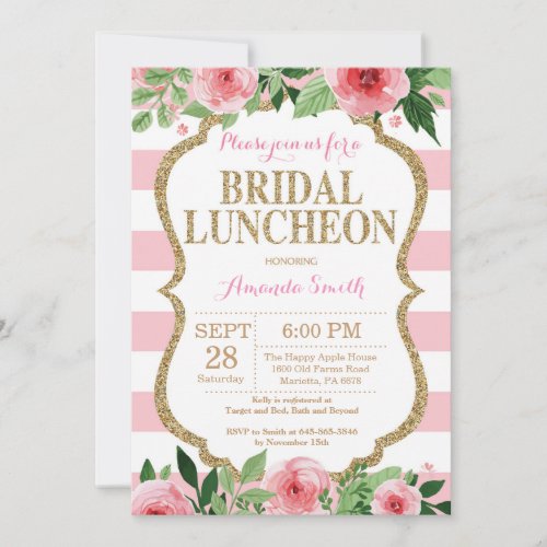 Pink and Gold Glitter Bridal Luncheon Invitation