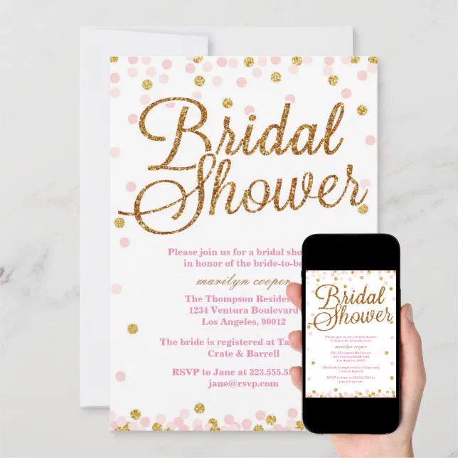 Pink and Gold Glitter Bridal Shower Invitations Zazzle