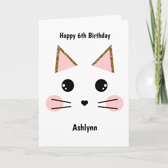 Pink and Gold Glitter Cat Birthday Card (Front)