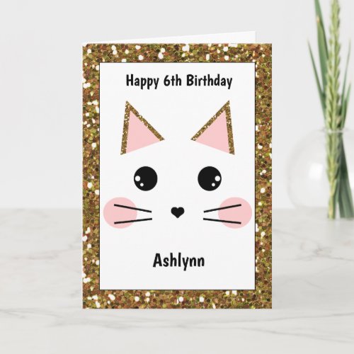 Pink and Gold Glitter Cat Birthday Card