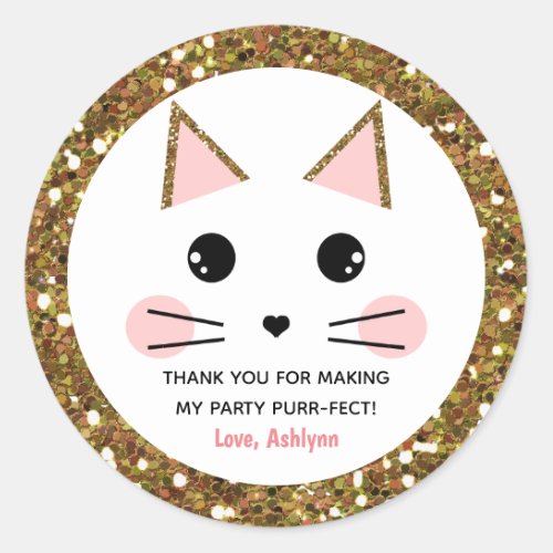 Pink and Gold Glitter Cat Birthday Classic Round Sticker