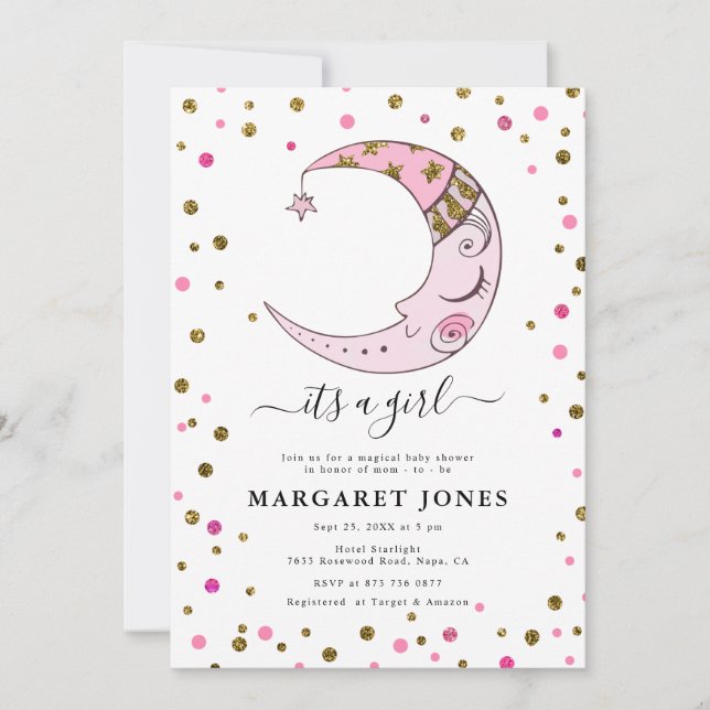 Pink and Gold Glitter Confetti Moon Baby Shower  Invitation (Front)