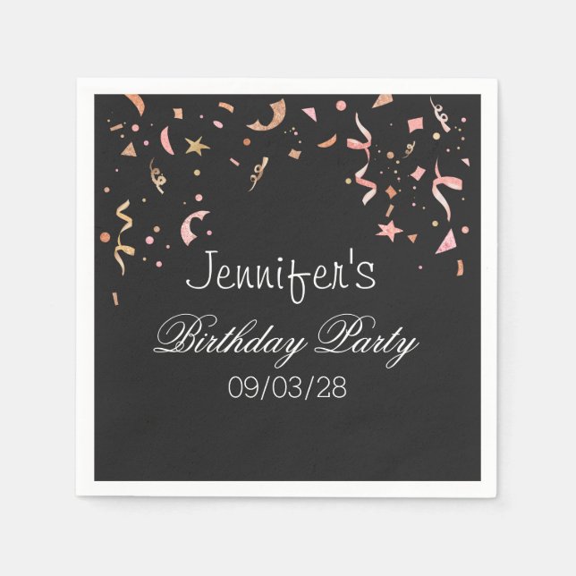 Pink and Gold Glitter Confetti on Black Background Napkins (Front)