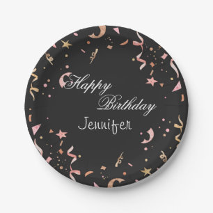 Pink and Gold Glitter Confetti on Black Background Paper Plates