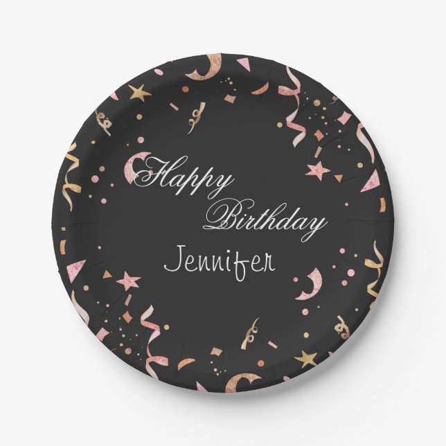 Pink and Gold Glitter Confetti on Black Background Paper Plates (Front)