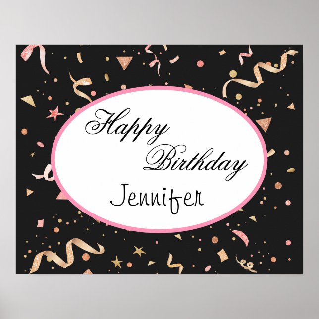 Pink and Gold Glitter Confetti on Black Background Poster (Front)