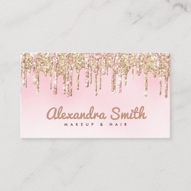 pink and gold glitter drip script makeup business card (Front)