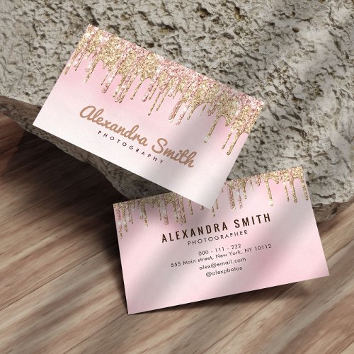 pink and gold glitter drip script photography business card