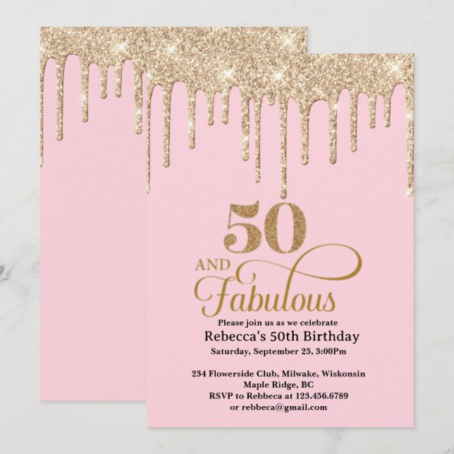 Pink and Gold Glitter Drips 50th Birthday  Invitat Invitation (Front/Back)