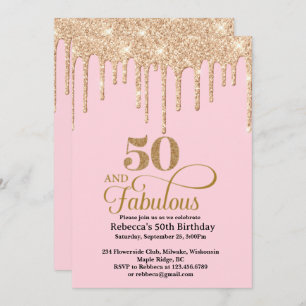 Pink and Gold Glitter Drips 50th Birthday  Invitat Invitation