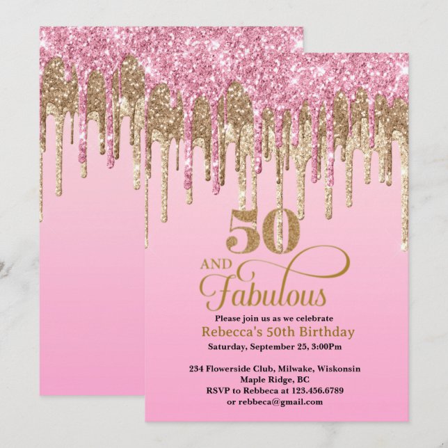 Pink and Gold Glitter Drips 50th Birthday  Invitation (Front/Back)