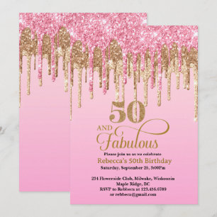 Pink and Gold Glitter Drips 50th Birthday  Invitation