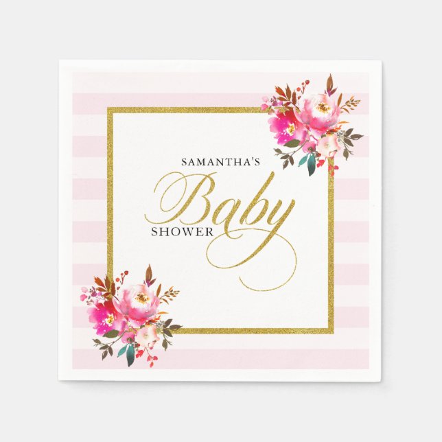 Pink and Gold Glitter Elegant Floral Baby Shower Napkins (Front)