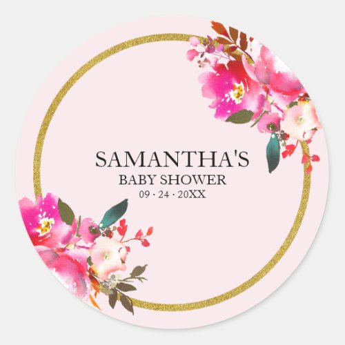 Pink and Gold Glitter Elegant Floral Watercolor Classic Round Sticker