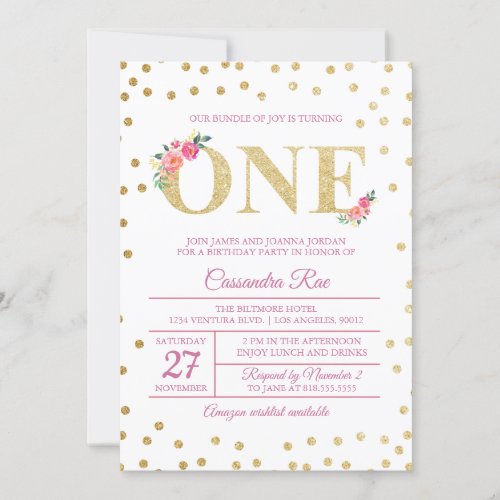 Pink and Gold Glitter First Birthday Invitation