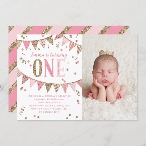 Pink and Gold Glitter First Birthday Photo Invitation