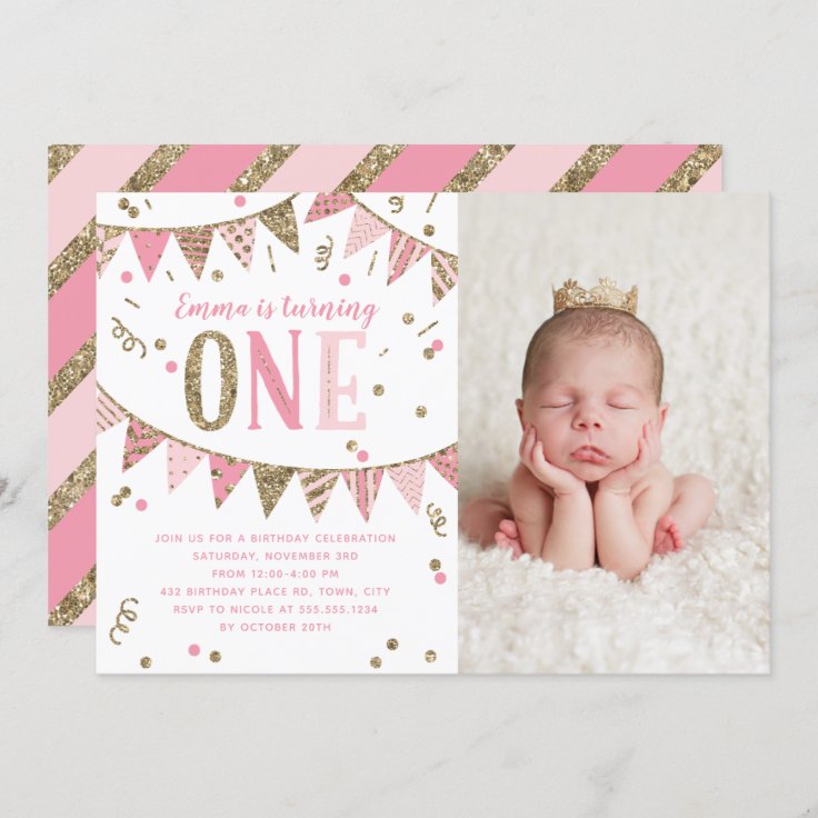 Pink and Gold Glitter First Birthday Photo Invitation | Zazzle