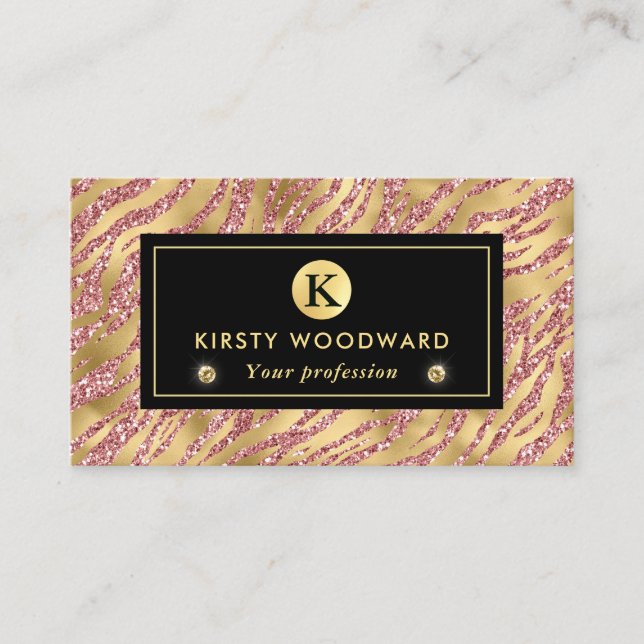 Pink and Gold Glitter Glam Tiger Stripes Pattern Business Card (Front)