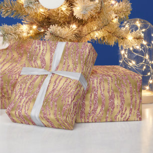 Pink and Gold Glitter Glam Tiger Stripes Pattern Wrapping Paper