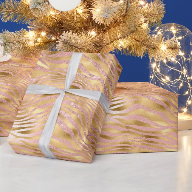 Pink and Gold Glitter Glam Tiger Stripes Pattern Wrapping Paper (Holidays)