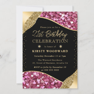 Pink and Gold Glitter Hearts 21st Birthday Invitation