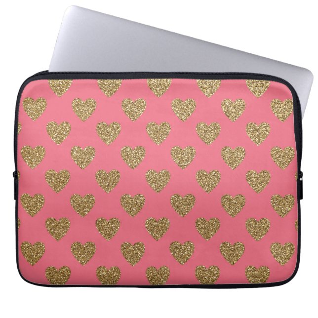 Pink and Gold Glitter Hearts Laptop Sleeve (Front)