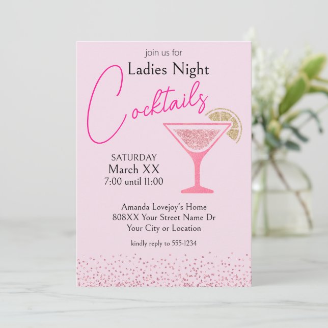 Pink and Gold Glitter Ladies Night Cocktail Party Invitation (Standing Front)