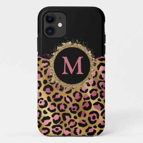 Pink and gold glitter leopard print initial Case_M iPhone 11 Case