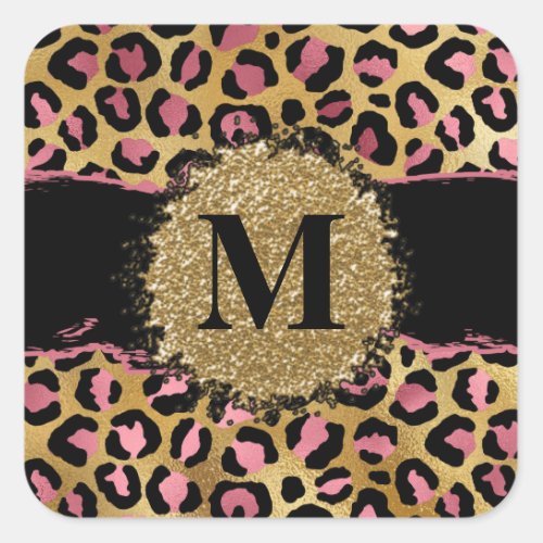 Pink and gold glitter leopard print monogram square sticker