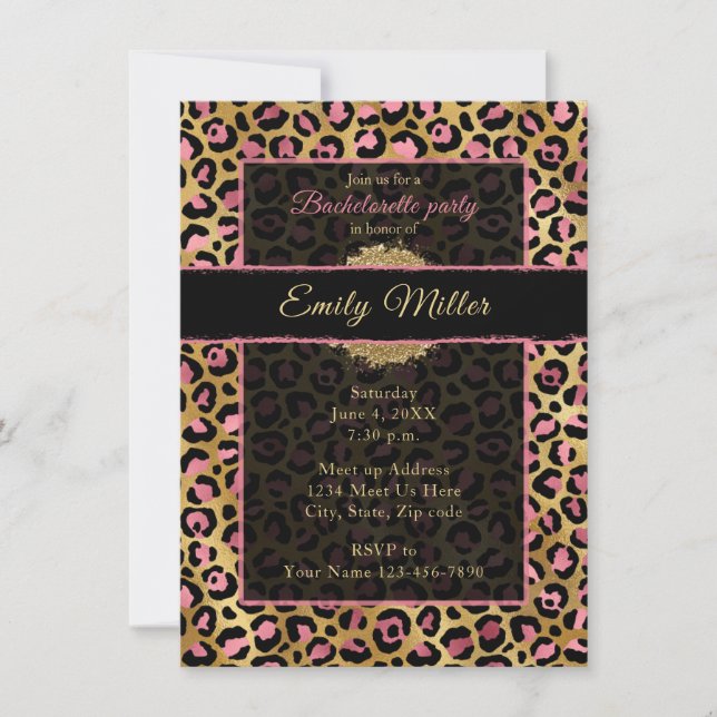 Pink and gold glitter leopard print party invitation (Front)