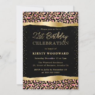 Pink and Gold Glitter Leopard Spots 21st Birthday Invitation